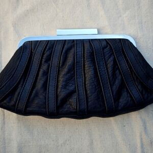 Calvin Klein Black Leather Pleated Clutch Silver Frame Clasp Evening Bag